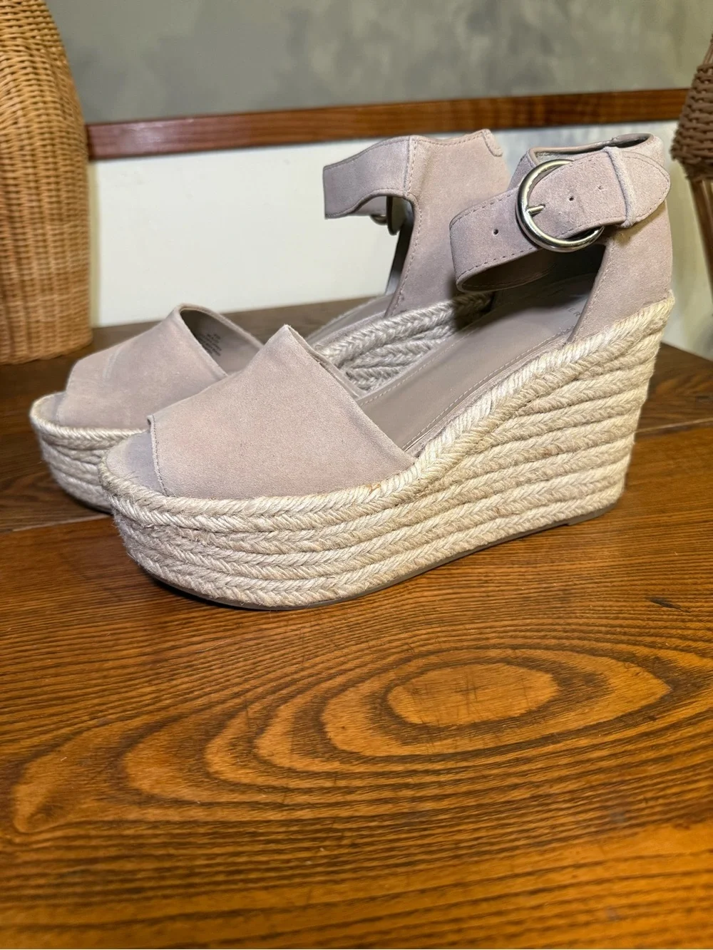Marc Fisher ltd Taupe Suede Ankle-Strap Espadrille Wedges